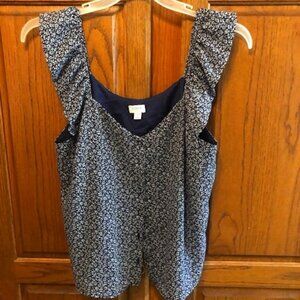 J Crew Ruffled sleeveless Blue and White floral Blouse size 10